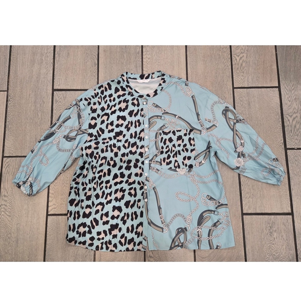 Mixed Print Leopard Chain Blouse Light Blue Band Collar Button Up Top Large